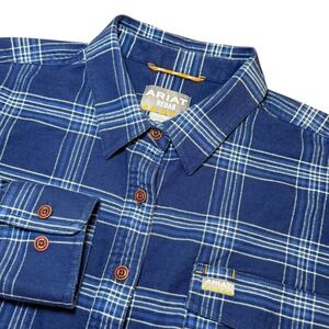 Ariat Rebar Womens XL Blue Plaid Long Sleeve Button Down Work Shirt Stretch